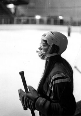 Penney Mapes wearing jersey on display in 1971-72